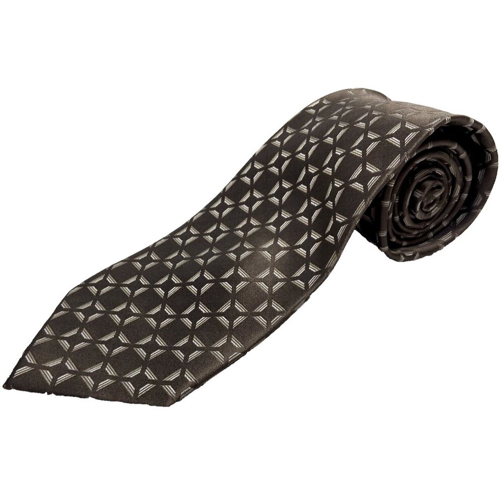 Claiborne Mens Tie Hand Made Geometric 100% Silk Brown Taupe 59" x 3.5" Necktie